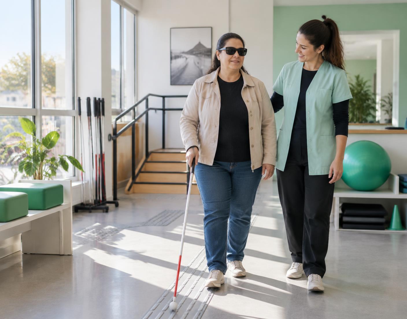 Mulher com deficiência visual praticando mobilidade com bengala, acompanhada por profissional